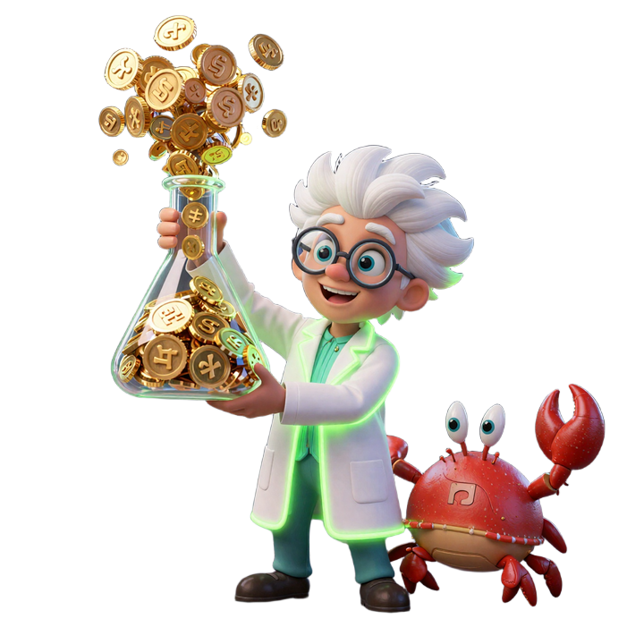Professor Slot Maskottchen mit Bonus Crab und explodierender Bonus-Kolbe im CasinoLab Online Casino