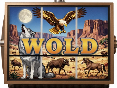Wolf Gold Slot Screenshot mit Wolf und Wild-West-Landschaft